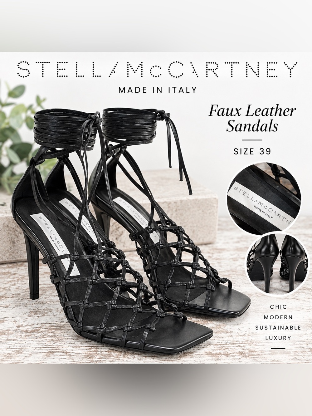 Stella McCartney Black Faux Leather Woven Lace Up Heeled Sandals EU 39